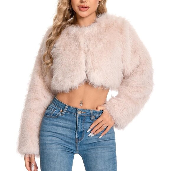 Women Apricot Cropped Fur Coat for Faux Furry Long Sleeve Cropped Fluffy Jacket - Picture 1 of 6